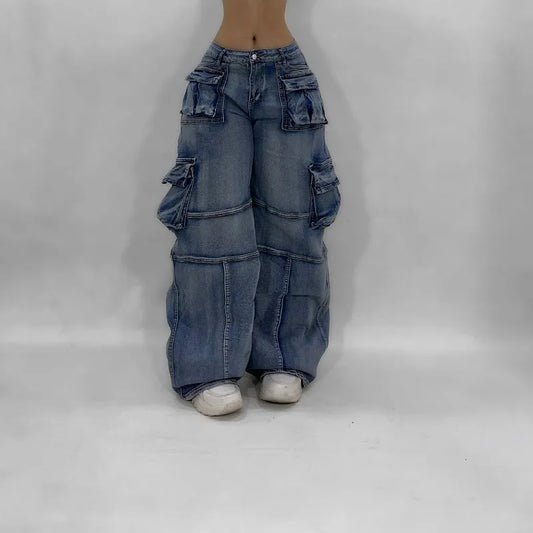 American Hip Hop New Big Pocket Baggy Casual Jeans Women Y2K Gothic Vintage Joker Fashion High Waist Wide Leg Denim Trousers