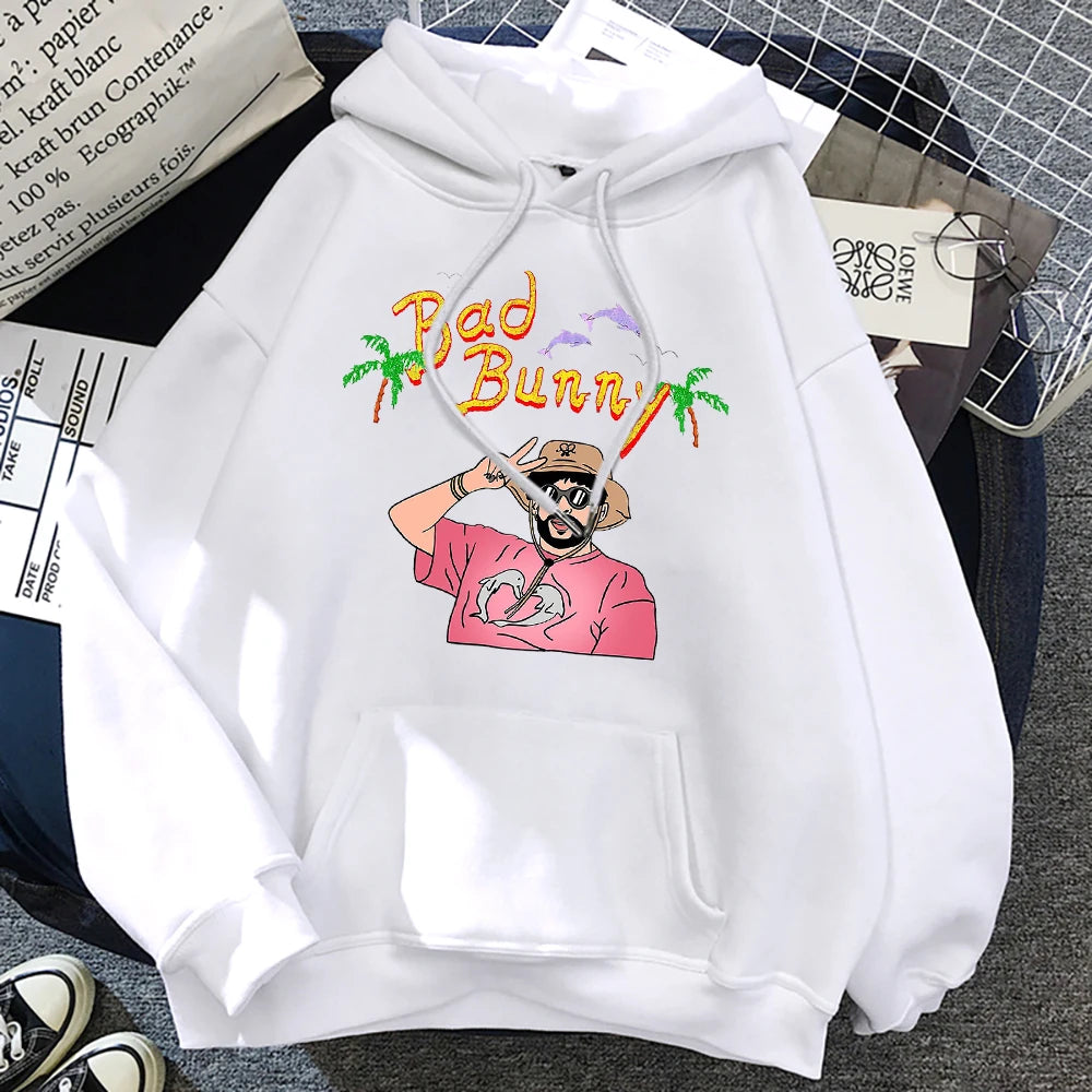 Bad Bunny Beach Vacation Print Women Clothing Fashion Oversize Hoodies Creativity Fleece Streetwear Casual Soft Womens Hoodie