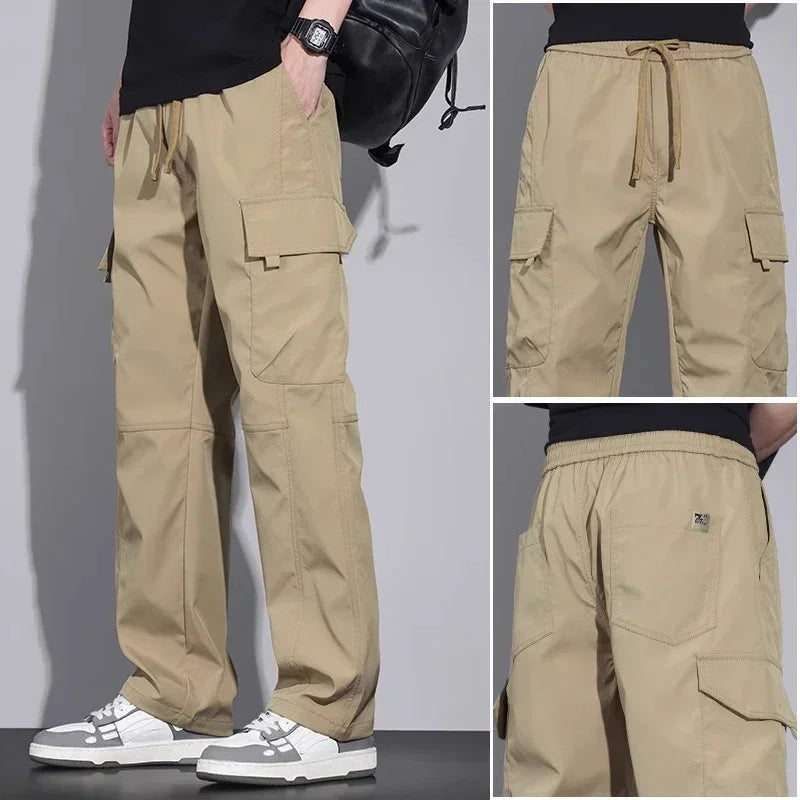 Men's Baggy Straight Combat Cargo Pants Basic Versatile Outdoor Sports Ripstop Trousers Multi Pockets Wide Leg Casual Pants Male