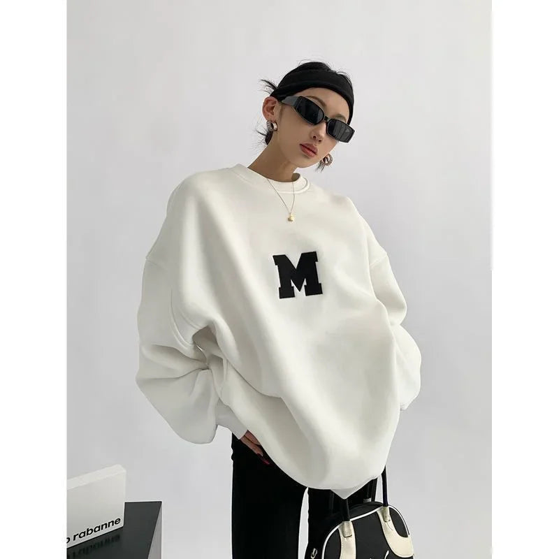 Pullover print thickened ballless sweatshirt women's Fall/Winter 2024 new loose versatile monogram print