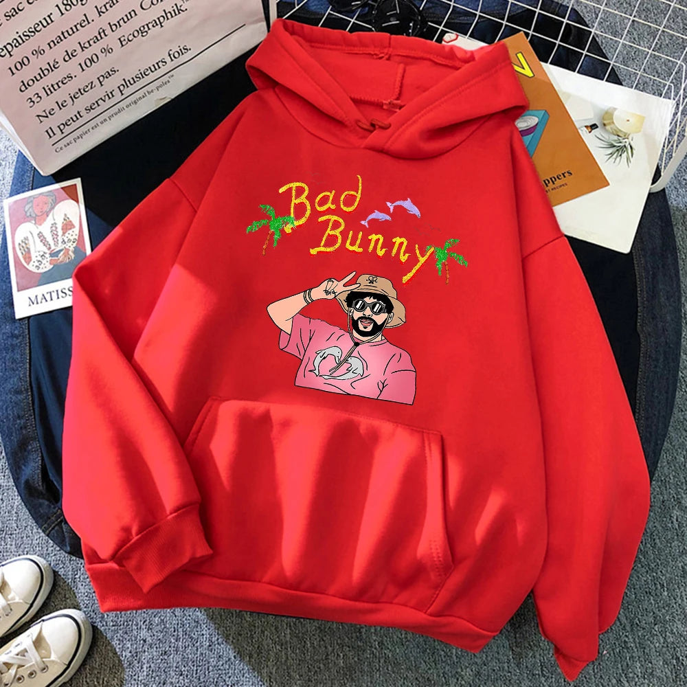 Bad Bunny Beach Vacation Print Women Clothing Fashion Oversize Hoodies Creativity Fleece Streetwear Casual Soft Womens Hoodie