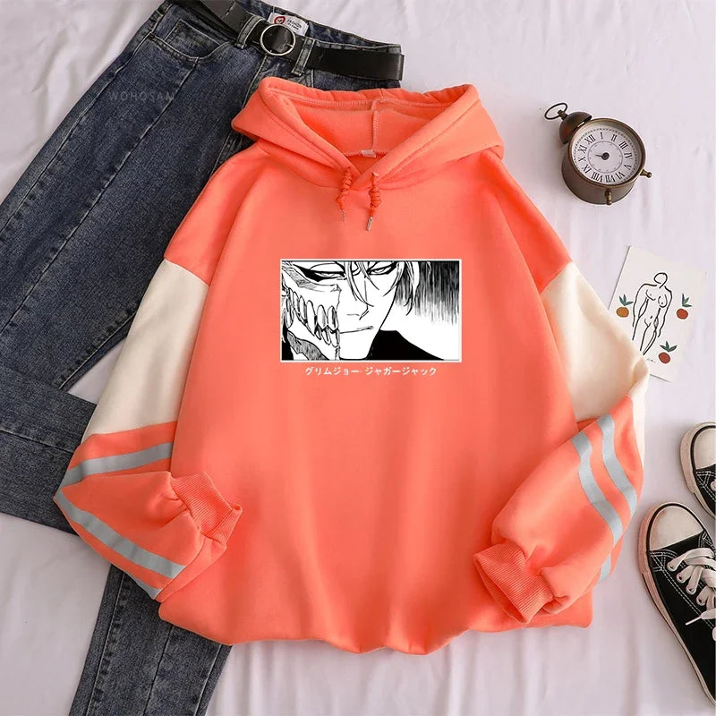 Harajuku Kurosaki Ichigo Bleach Japan Anime Hoodies Men's Funny Cartoon Split Face High Street Long Sleeve Casual Sweatshirts