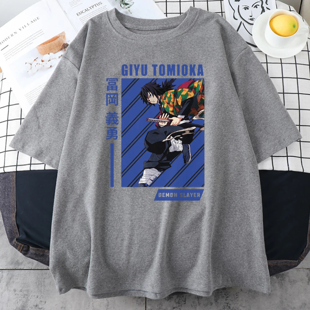 Giyu Tomioka Anime Demon Slayer Prints Mens Cotton T-Shirts Personality Trend Casual Short Sleeve All-math Oversize Man Clothing