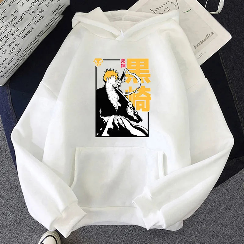 Harajuku Anime BLEACH Kurosaki Ichigo Yellow Letter Print Hoodies Funny Japan Cartoon Manga Winter Casual Men Women Sweatshirt