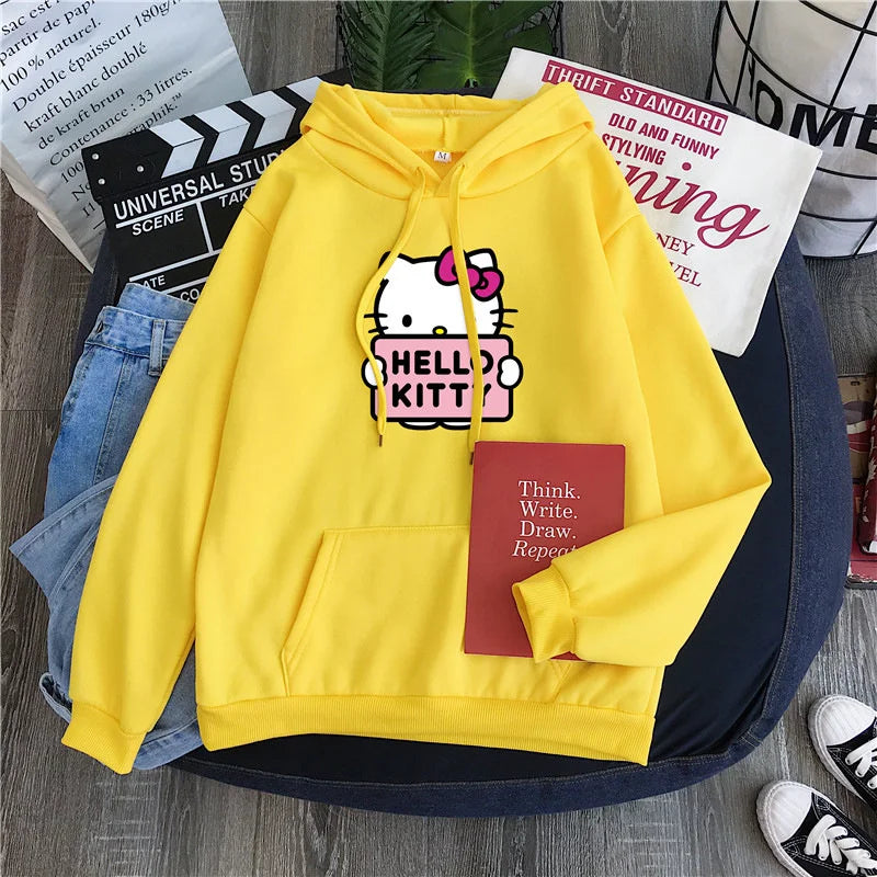 2024 New Casual Women's Sweatshirts Sanrio Hello Kitty Kawaii Tops for Women Cute Hoodies Fashion Harajuku Long Sleeves Plus Siz