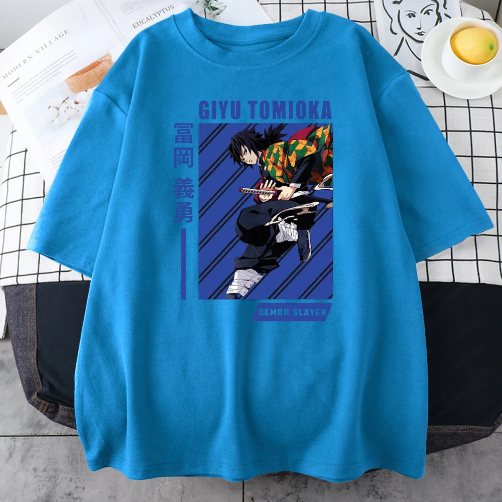 Giyu Tomioka Anime Demon Slayer Prints Mens Cotton T-Shirts Personality Trend Casual Short Sleeve All-math Oversize Man Clothing