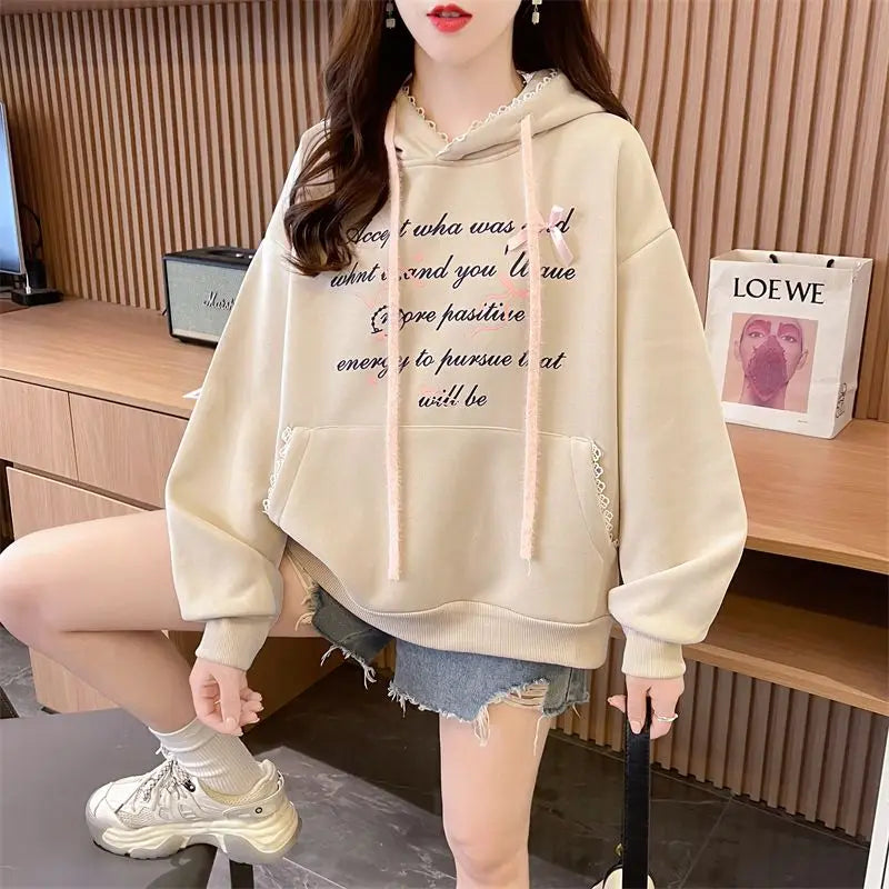 Retro Preppy Casual Loose Sweatshirt Long Sleeved Kawaii Letter Print Hoodies Lace Hooded Top Women Clothing Small bow trim