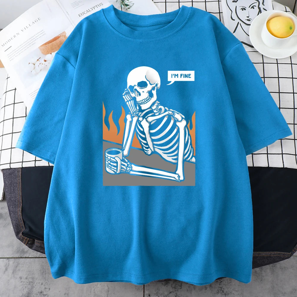 Skeletons In Meditation And Keep Alone Prints Mans Cotton Short Sleeve Personality Street Hip Hop Clothing Casual Men T-Shirts