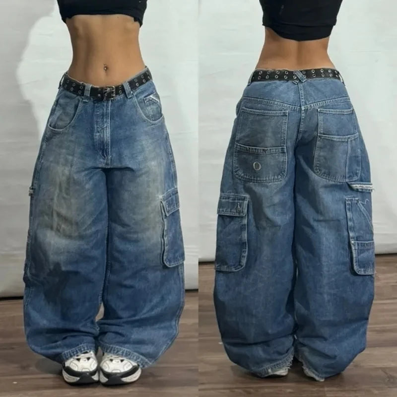 American Hip Hop New Big Pocket Baggy Casual Jeans Women Y2K Gothic Vintage Joker Fashion High Waist Wide Leg Denim Trousers