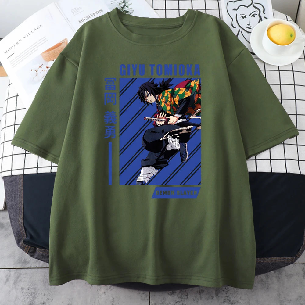 Giyu Tomioka Anime Demon Slayer Prints Mens Cotton T-Shirts Personality Trend Casual Short Sleeve All-math Oversize Man Clothing