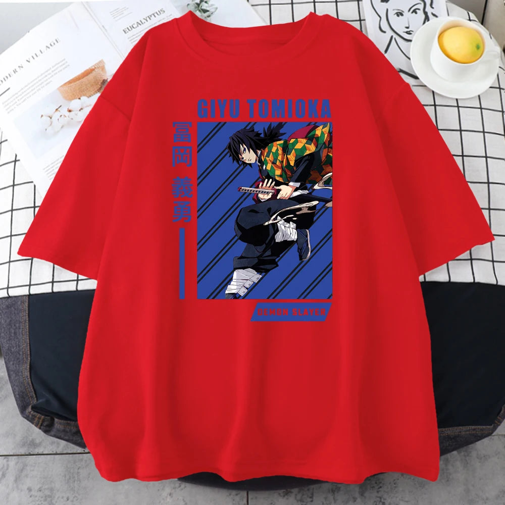 Giyu Tomioka Anime Demon Slayer Prints Mens Cotton T-Shirts Personality Trend Casual Short Sleeve All-math Oversize Man Clothing