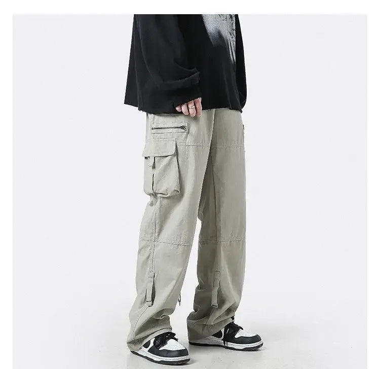 Deep Green Multi-pocket Cargo Pants Men's Autumn Japanese Trendy Straight-leg Loose-fit Casual Pants Niche Zip-up Dropshipping