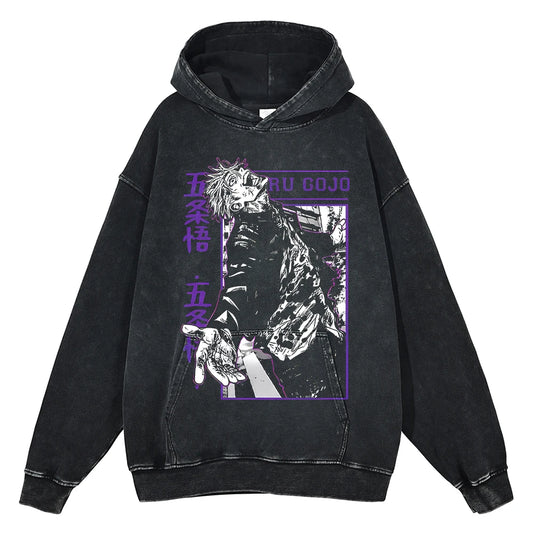 Hot Anime Jujutsu Kaisen Satoru Gojo Print Hooded Men Women Oversized Hoodies Manga Washed Cotton Pullover Harajuku Sweatshirt