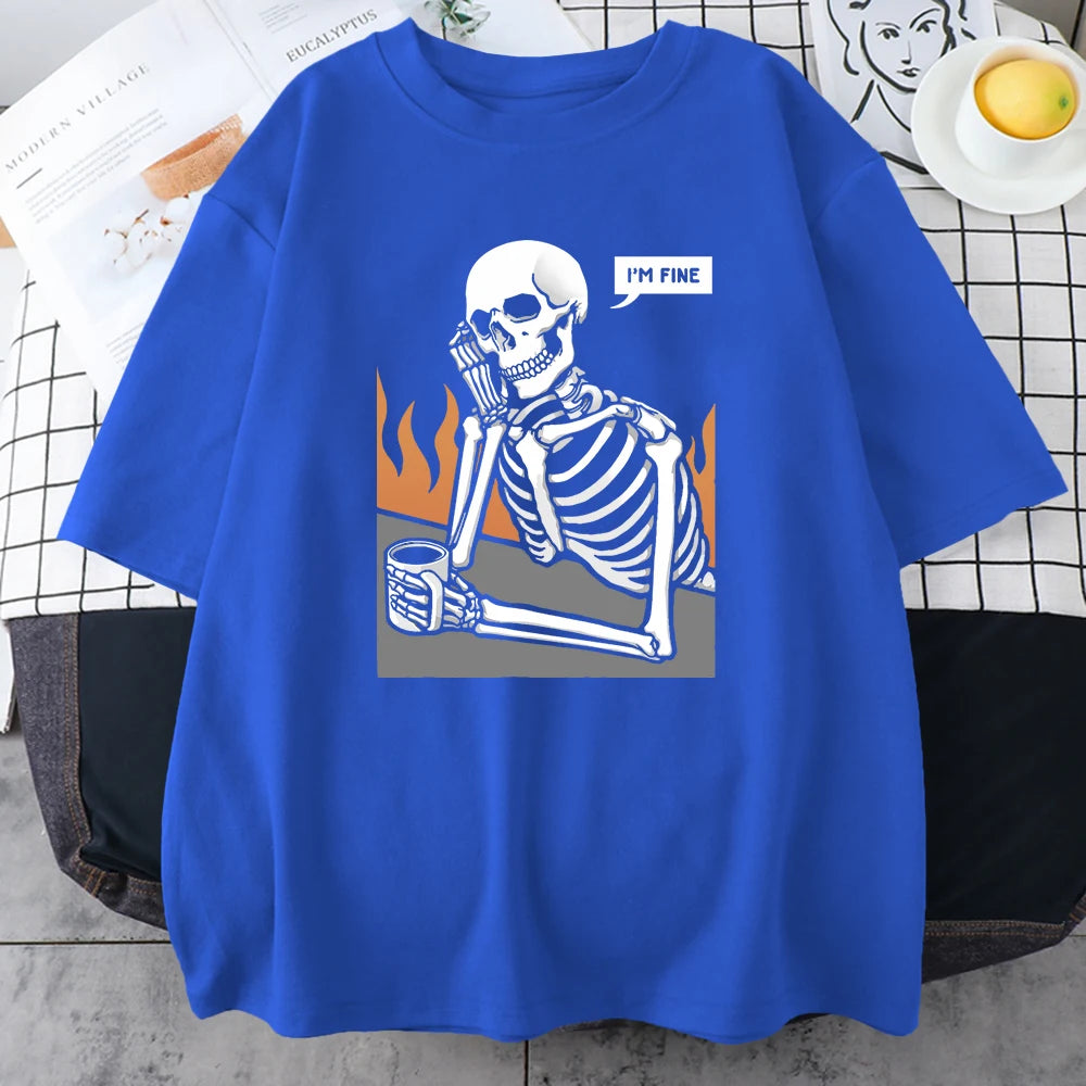 Skeletons In Meditation And Keep Alone Prints Mans Cotton Short Sleeve Personality Street Hip Hop Clothing Casual Men T-Shirts