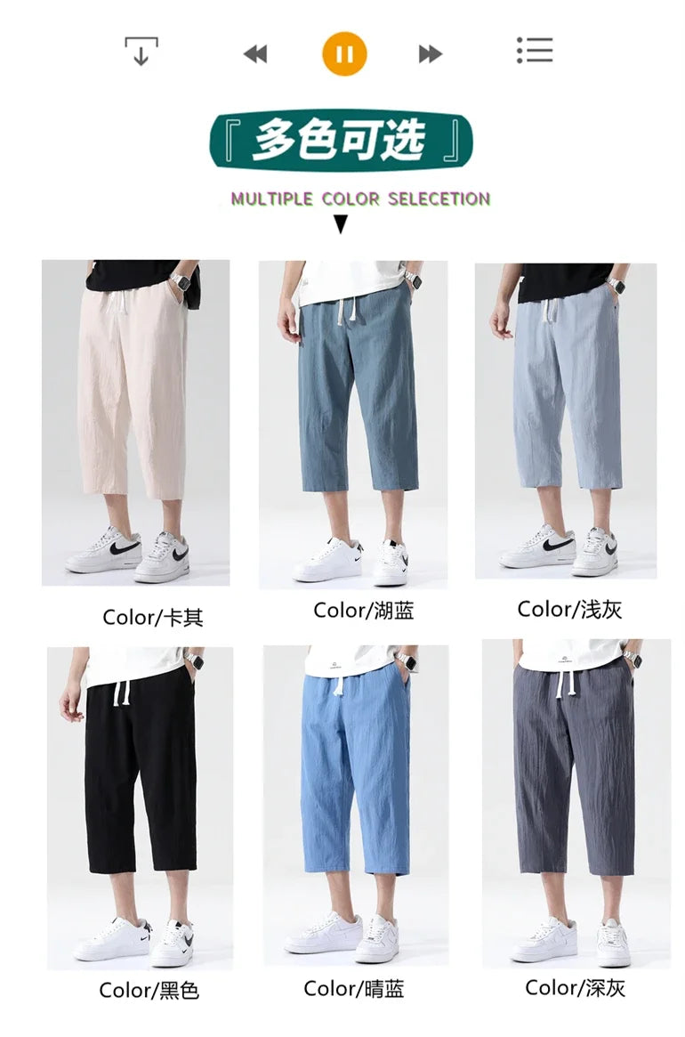 Summer Casual Pants Men's Wild Cotton and Linen Loose Linen Pants Korean Style Trend Nine-point Straight Trousers