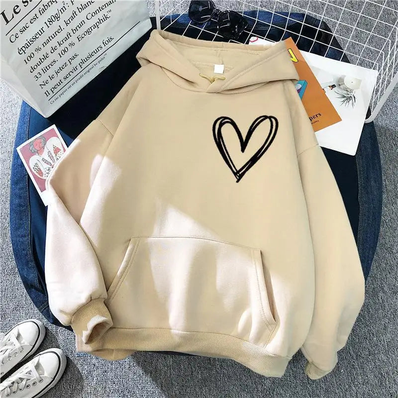 Hirsionsan Simplic Heart Print Women Sweatshirt Soft Casual Loose Vintage Female Hoodies 2024 Winter Warm Fleece Student Tops