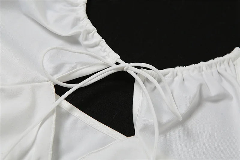 2024 Aesthetics Sexy Ruffles Cut Out White Tank Tops Fashion Bandage Hollow Out Halter Tops Drawstring Clubwear