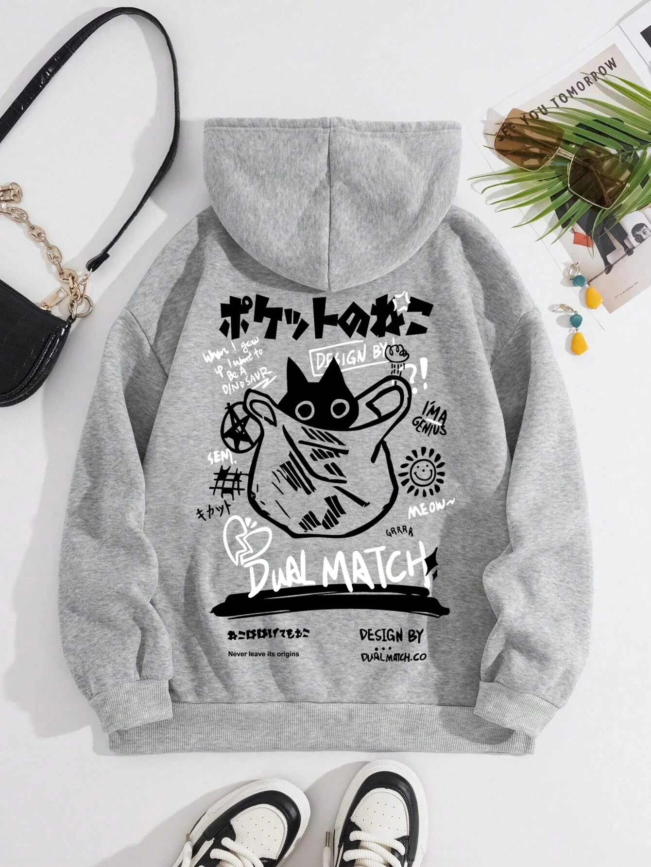 Y2K Womens Cartoon Hoodies Summer Harajuku Kawaii Cat Printed Pullovers Tops Couple Streetwear Pocket Loose Sweatshirt Clothes