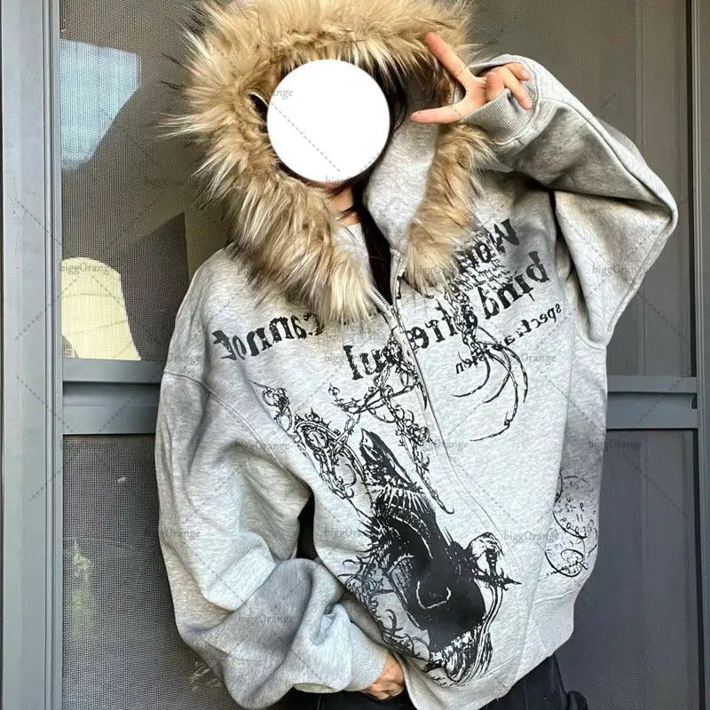 Gothic Punk Harajuku Big Fur Collar Jacket European and American Fashion Animation Printed Hoodie Casual Versatile Sweatshirt