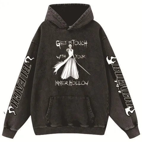 2024 autumn new hot death BLEACH Kurozaki high quality wash vintage to do old cotton hoodie men and women hoodies