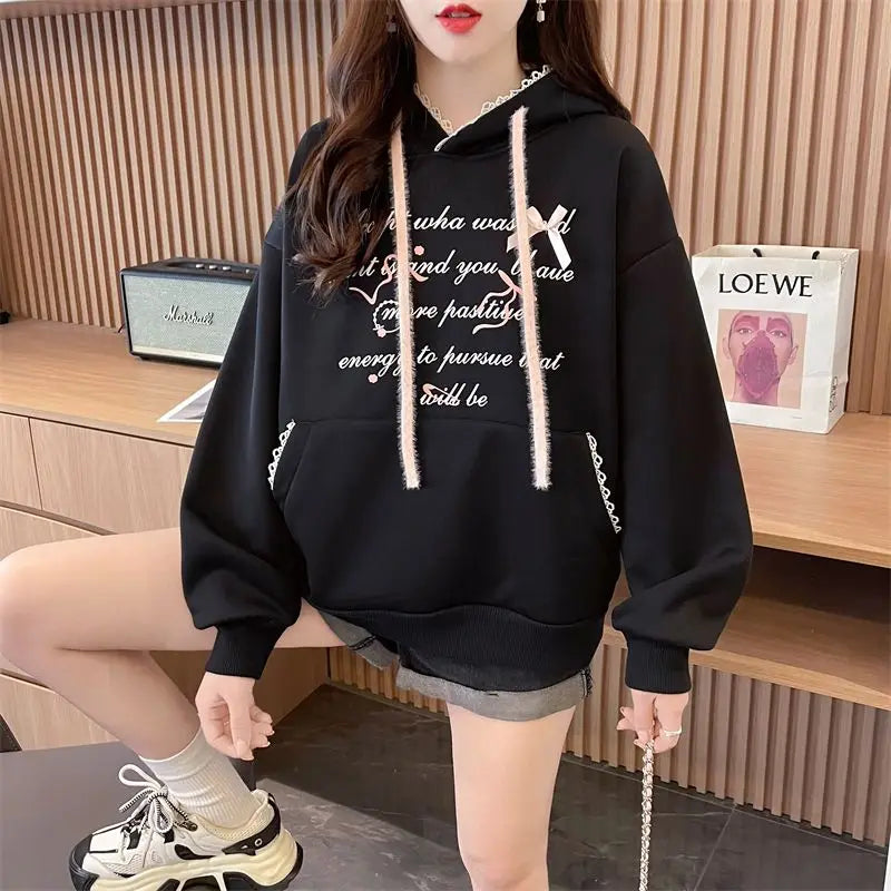 Retro Preppy Casual Loose Sweatshirt Long Sleeved Kawaii Letter Print Hoodies Lace Hooded Top Women Clothing Small bow trim