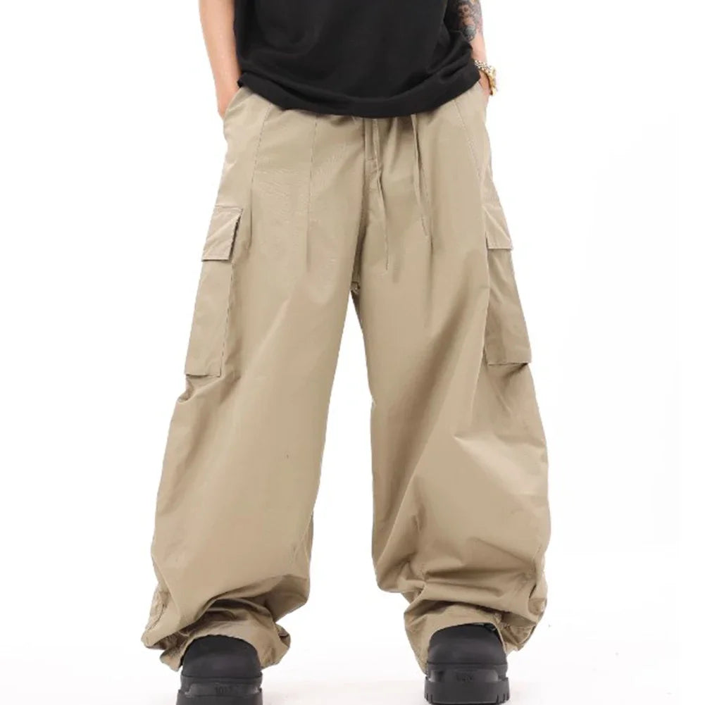 Classic Design Multi Flap Pockets Cargo Pants,Men's Loose Fit Drawstring Cargo Pants，For Skateboarding,Street,Outdoor Camping