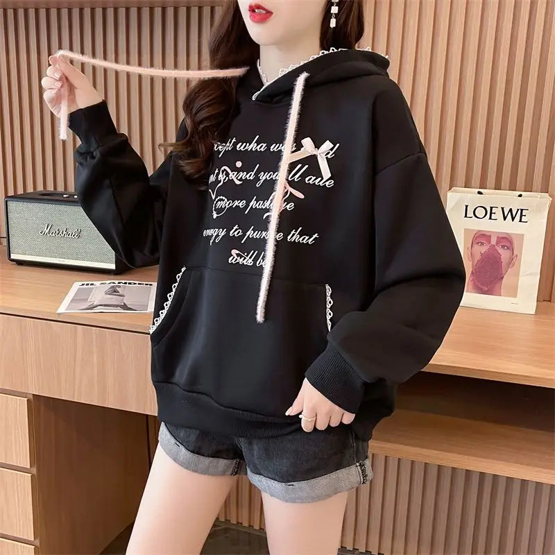 Retro Preppy Casual Loose Sweatshirt Long Sleeved Kawaii Letter Print Hoodies Lace Hooded Top Women Clothing Small bow trim