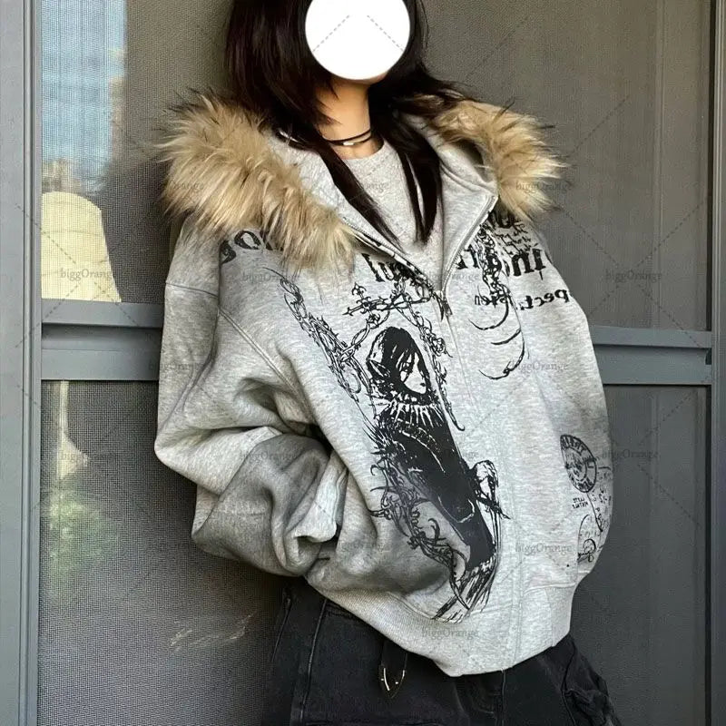 Gothic Punk Harajuku Big Fur Collar Jacket European and American Fashion Animation Printed Hoodie Casual Versatile Sweatshirt