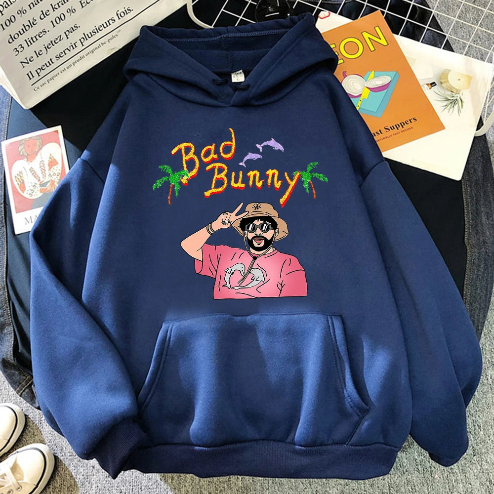 Bad Bunny Beach Vacation Print Women Clothing Fashion Oversize Hoodies Creativity Fleece Streetwear Casual Soft Womens Hoodie