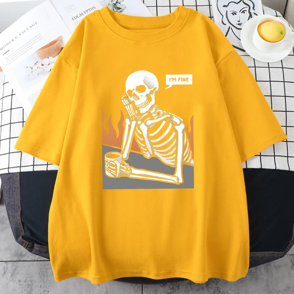 Skeletons In Meditation And Keep Alone Prints Mans Cotton Short Sleeve Personality Street Hip Hop Clothing Casual Men T-Shirts