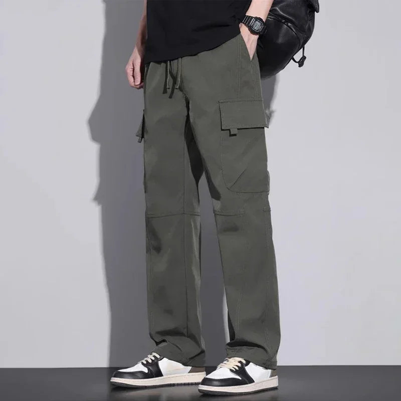 Men's Baggy Straight Combat Cargo Pants Basic Versatile Outdoor Sports Ripstop Trousers Multi Pockets Wide Leg Casual Pants Male