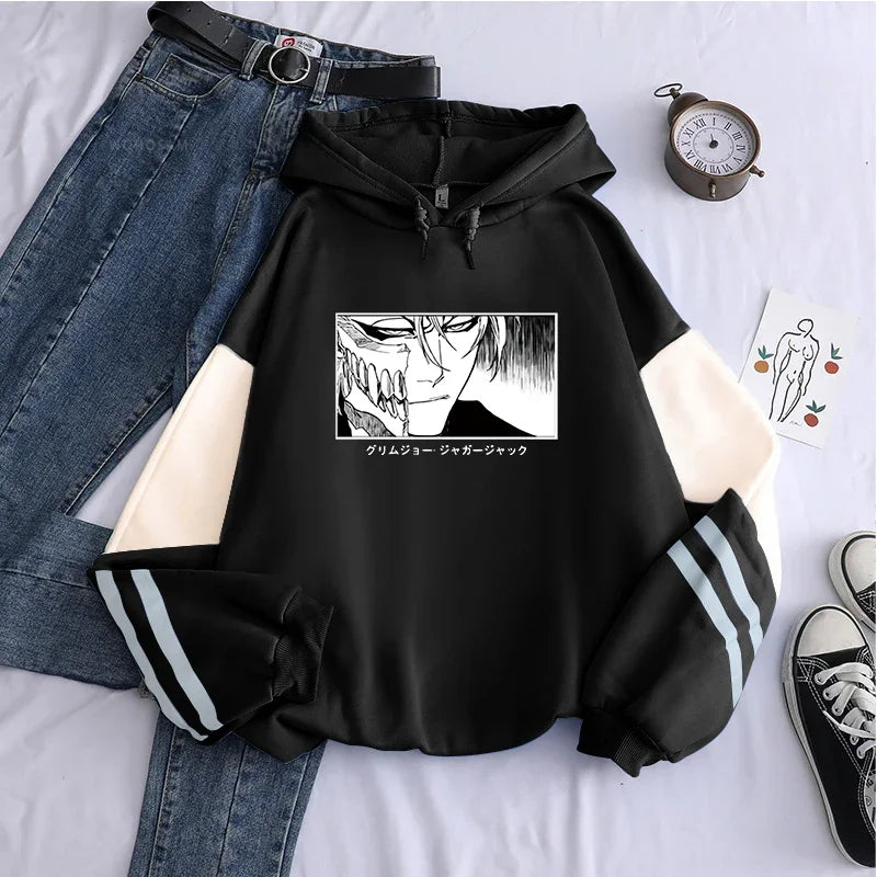 Harajuku Kurosaki Ichigo Bleach Japan Anime Hoodies Men's Funny Cartoon Split Face High Street Long Sleeve Casual Sweatshirts