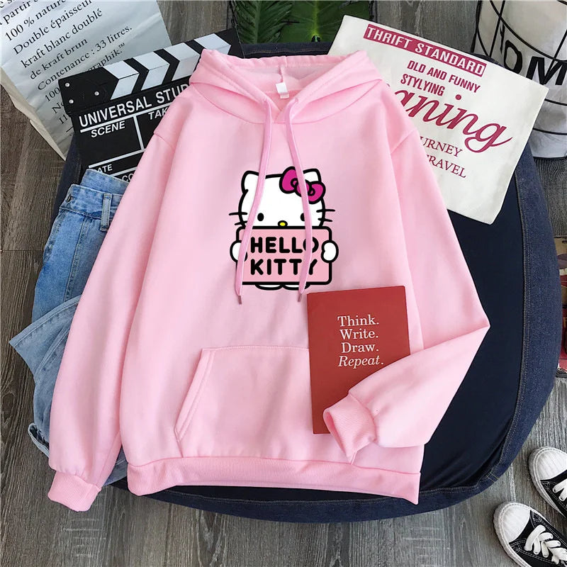 2024 New Casual Women's Sweatshirts Sanrio Hello Kitty Kawaii Tops for Women Cute Hoodies Fashion Harajuku Long Sleeves Plus Siz