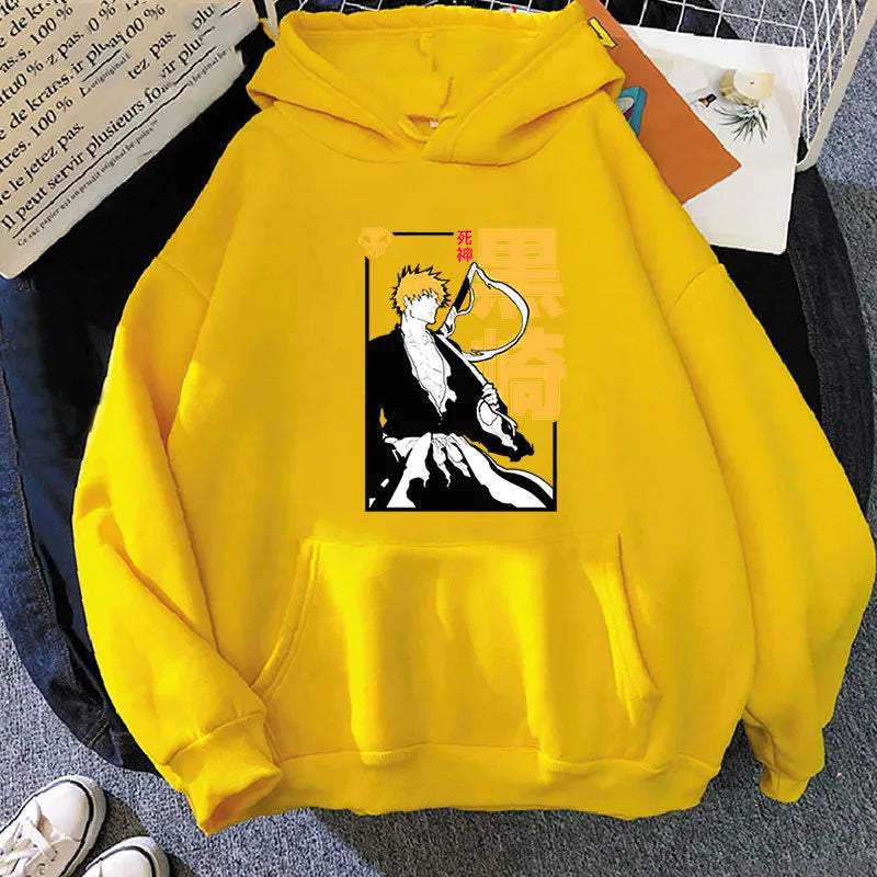 Harajuku Anime BLEACH Kurosaki Ichigo Yellow Letter Print Hoodies Funny Japan Cartoon Manga Winter Casual Men Women Sweatshirt