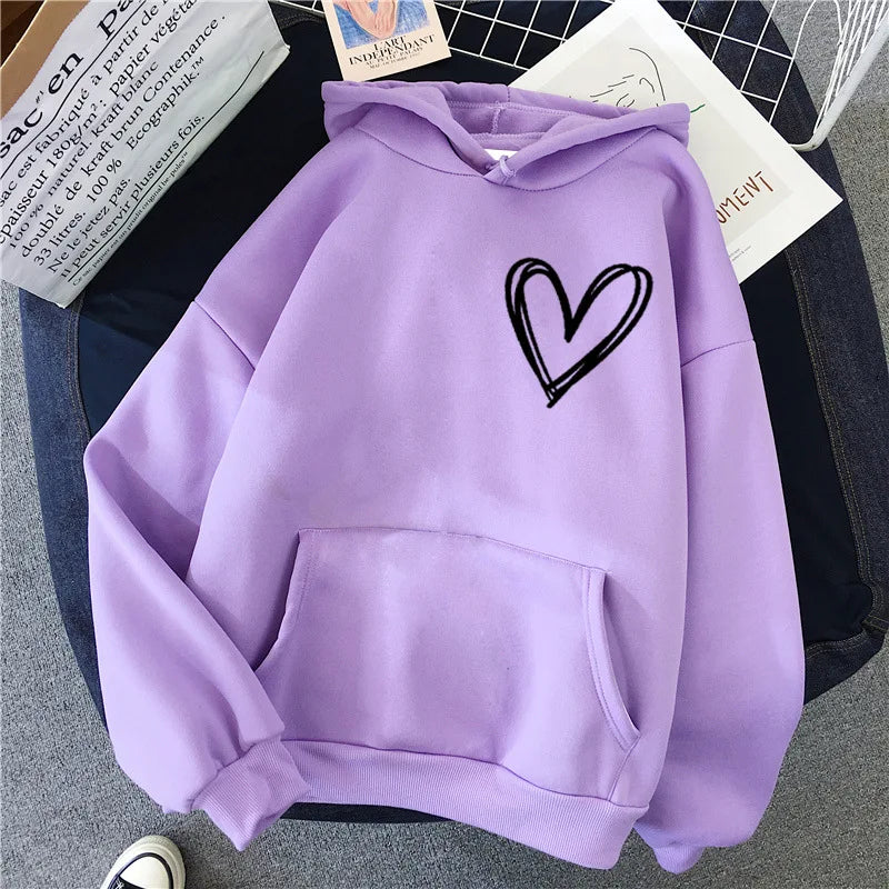 Hirsionsan Simplic Heart Print Women Sweatshirt Soft Casual Loose Vintage Female Hoodies 2024 Winter Warm Fleece Student Tops