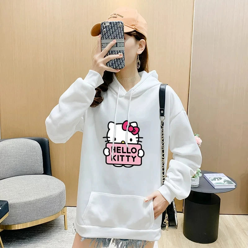 2024 New Casual Women's Sweatshirts Sanrio Hello Kitty Kawaii Tops for Women Cute Hoodies Fashion Harajuku Long Sleeves Plus Siz