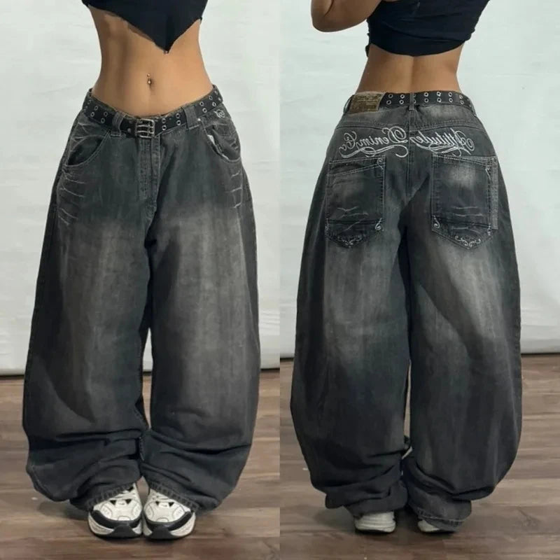 American Hip Hop New Big Pocket Baggy Casual Jeans Women Y2K Gothic Vintage Joker Fashion High Waist Wide Leg Denim Trousers