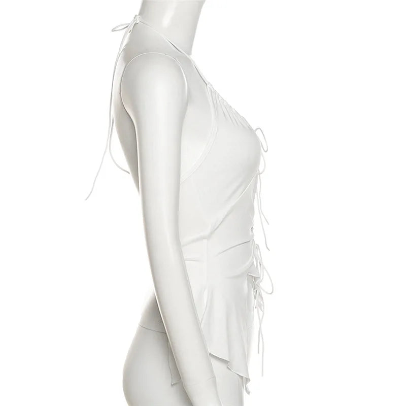 2024 Aesthetics Sexy Ruffles Cut Out White Tank Tops Fashion Bandage Hollow Out Halter Tops Drawstring Clubwear