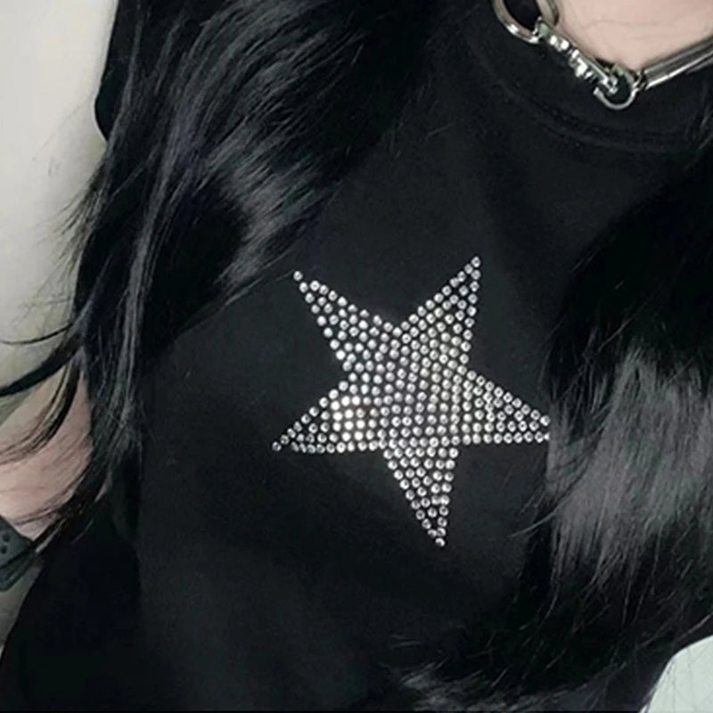 Gothic Rhinestone Bling Letter Printing Women Sexy T-shirt Crop Top 2023 Summer Fashion Short-sleeved Y2k Aesthetic Baby Clothes