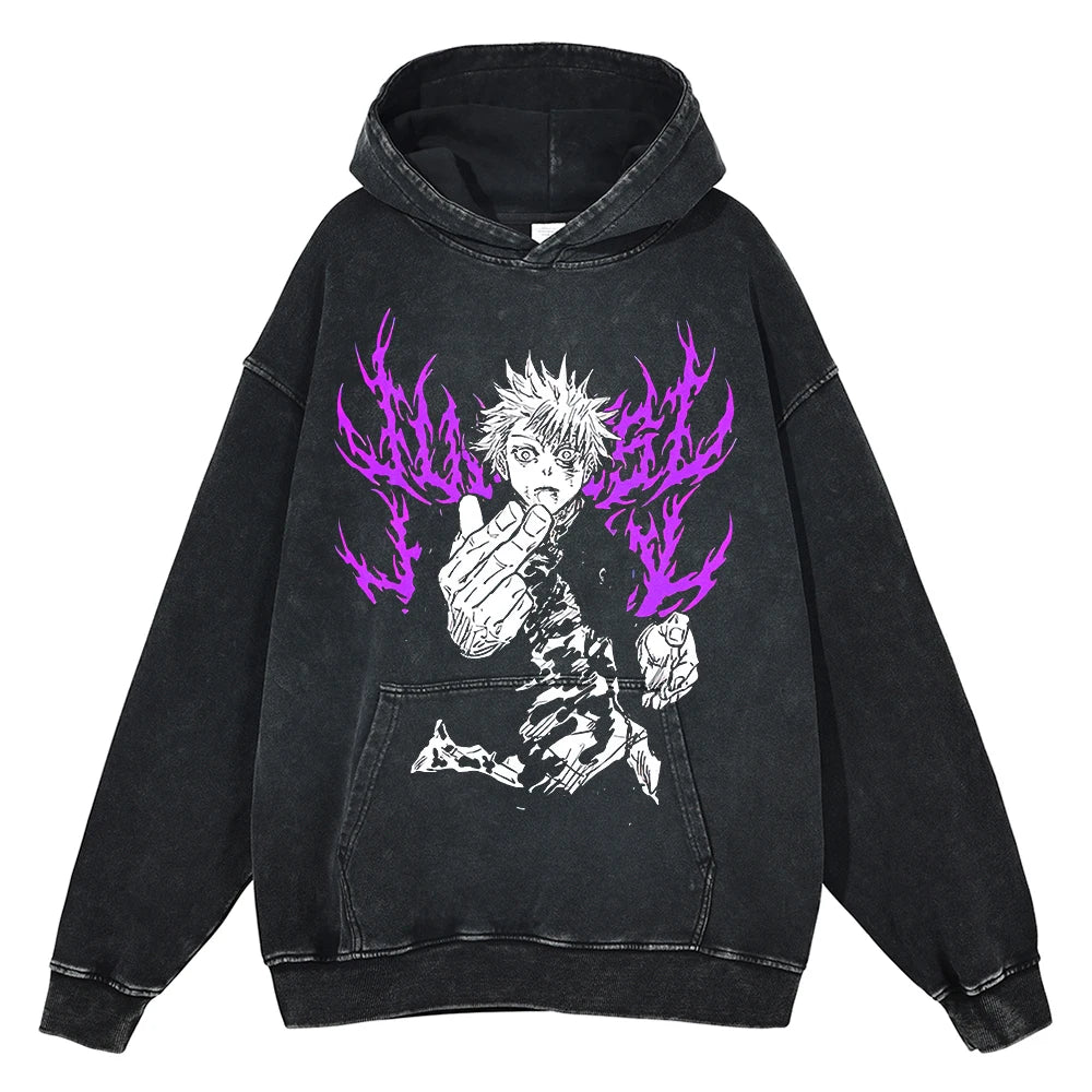 Hot Anime Jujutsu Kaisen Satoru Gojo Print Hooded Men Women Oversized Hoodies Manga Washed Cotton Pullover Harajuku Sweatshirt