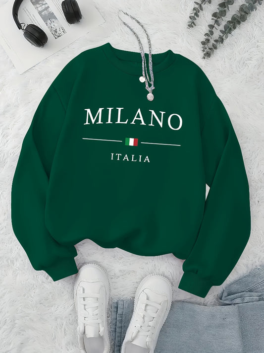 For Fall & Winter, Casual Long Sleeve MILANO Print Pullover Sweatshirt, Women's Crew Neck Clothing