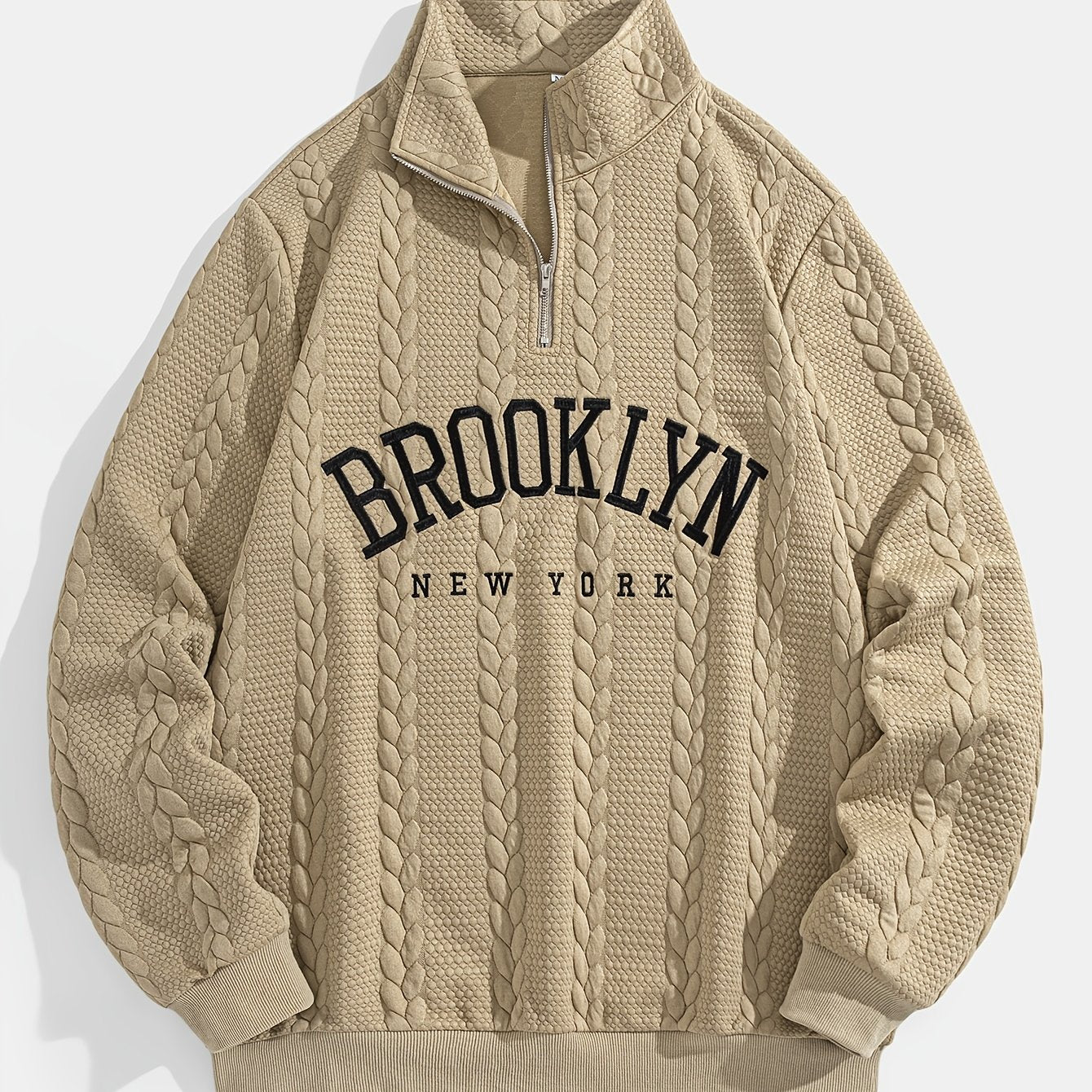 Brooklyn New York Embroidered Jacquard Sweatshirt, Preppy Style, Long Sleeve, Collared Neck, 100% Polyester, Slight Stretch, Regular Length, 320g/m² Knit Fabric, Loose Fit