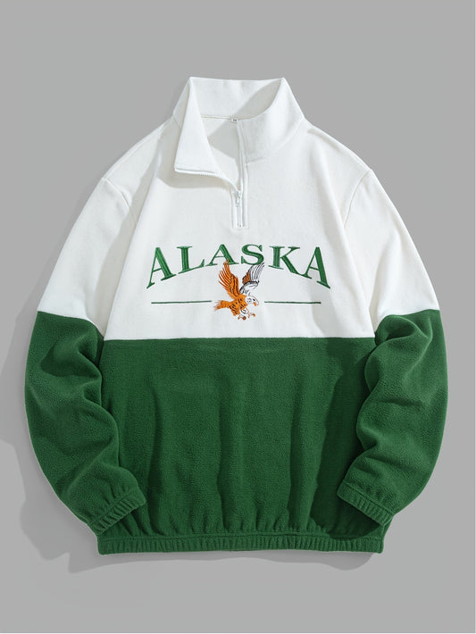 Thickened Fleece Color-Blocked Embroidered High-Neck Zip-Up Sweatshirt