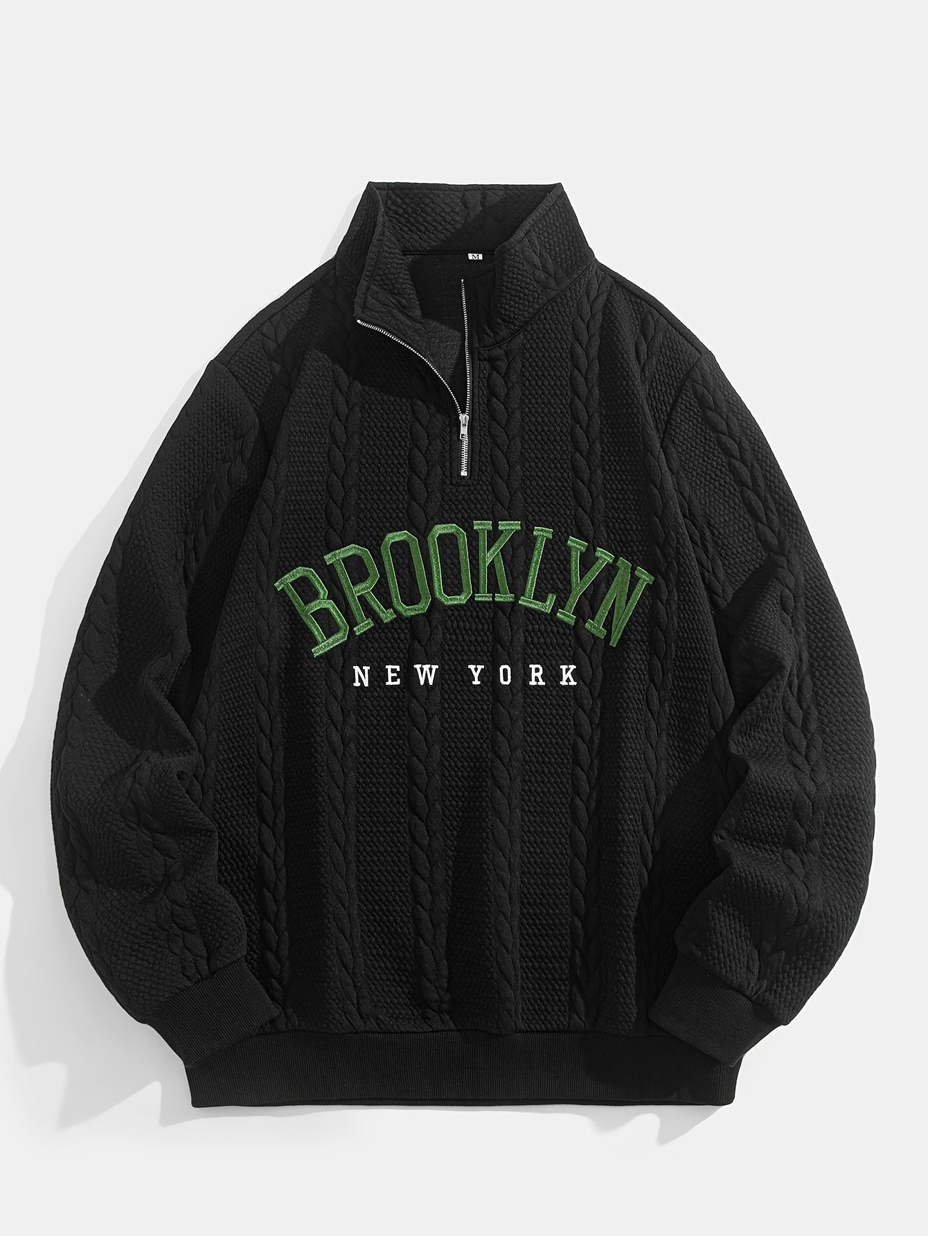 Brooklyn New York Embroidered Jacquard Sweatshirt, Preppy Style, Long Sleeve, Collared Neck, 100% Polyester, Slight Stretch, Regular Length, 320g/m² Knit Fabric, Loose Fit