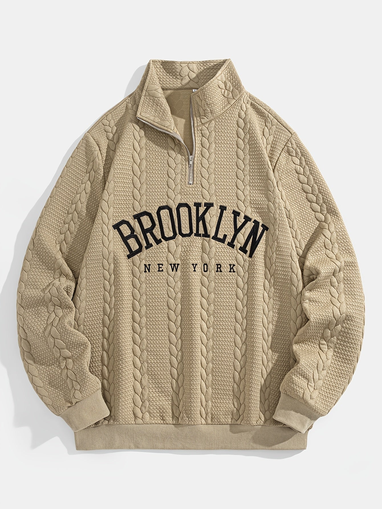 Brooklyn New York Embroidered Jacquard Sweatshirt, Preppy Style, Long Sleeve, Collared Neck, 100% Polyester, Slight Stretch, Regular Length, 320g/m² Knit Fabric, Loose Fit