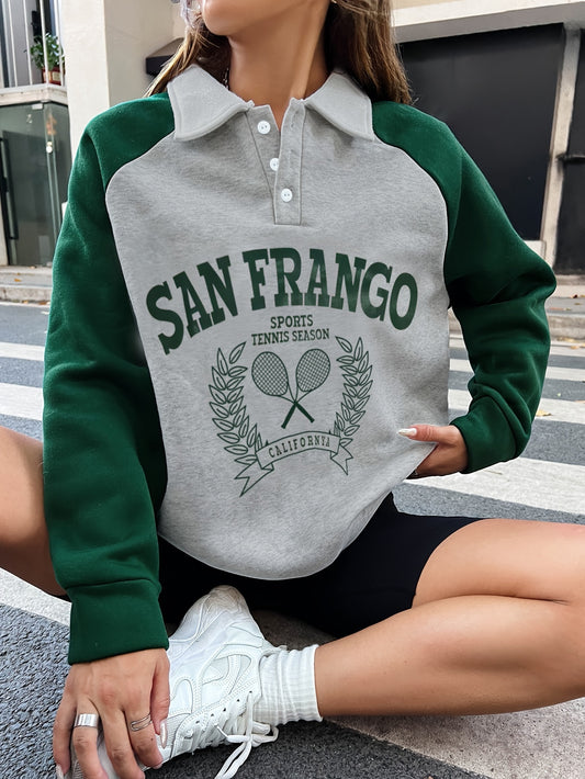 [100% Polyester Long Sleeve] Women'S Vintage San Frango Sports Tennis Applique Letter Print Long Sleeve Lapel Sweatshirt, 100% Polyester Knit Fabric, All-Season Casual Wear, 250gsm